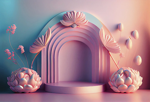 포토 JPG 해외이미지 꽃 분홍색 하늘색 백그라운드 사람없음 3D 광택 단상 파스텔톤 포디움 해외202310 해외포토 식물 컬러 파란색 무대 디지털합성 파일형식