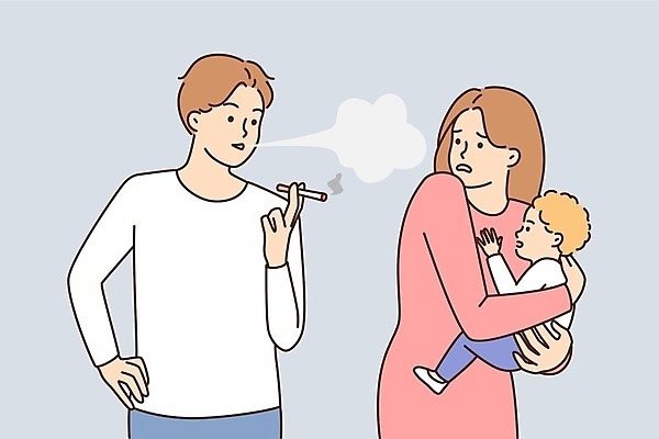 EPS 해외이미지 무료이미지 여자 남자 어린이 일러스트 흡연 담배 건강 소년 성인 세명 보호 담배연기 불쾌함 감싸기 비흡연자 흡연자 간접흡연 해외202310 해외일러스트 감정 컨셉 모션 사람 연기 파일형식 벡터