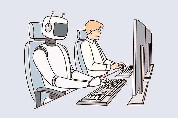 EPS 해외이미지 무료이미지 남자 의자 일러스트 비즈니스 한명 상반신 성인 모니터 키보드 로봇 성인남자한명만 해외202310 해외일러스트 1 가구 사람 컴퓨터 남자한명만 성인남자만 파일형식 벡터