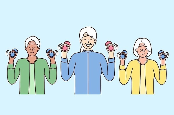 EPS 해외이미지 여자 할아버지 노년 남자 행복 할머니 일러스트 상반신 세명 운동복 운동 아령 백발 노인만 해외202310 해외일러스트 헤어스타일 옷 감정 건강 사람 성인 성인만 파일형식 벡터