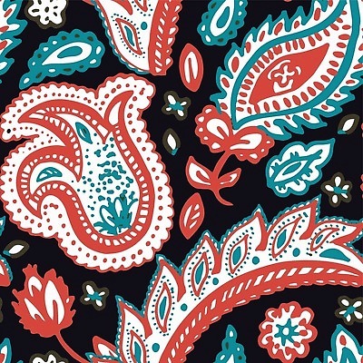 EPS 해외이미지 잎 꽃무늬 패턴 일러스트 검은배경 사람없음 빨간색 빈티지 복고 청록색 해외202310 해외일러스트 식물 꽃 컬러 백그라운드 컨셉 무늬 검은색 파일형식 벡터