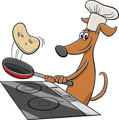 EPS 해외이미지 캐릭터 일러스트 요리사모자 요리 들기 사람없음 반려동물 갈색 귀여움 프라이팬 개 가스레인지 만화 팬케이크 해외일러스트 일러캐릭터 동물 모자_잡화 컬러 컨셉 포유류 모션 주방용품 케이크 요리사 가전제품 레인지 파일형식 벡터