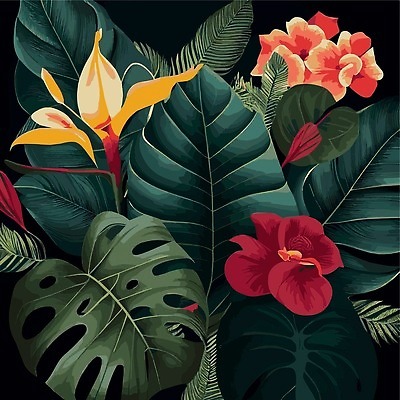 EPS 해외이미지 일러스트 검은배경 사람없음 야자수잎 몬스테라 열대꽃 열대잎 트로피컬아트 해외202310 해외일러스트 식물 꽃 백그라운드 잎 검은색 그림 파일형식 벡터