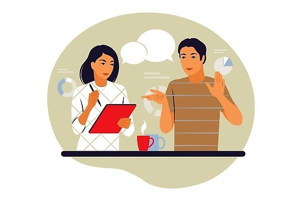 EPS 해외이미지 여자 남자 말풍선 일러스트 비즈니스 회의 그래프 대화 손짓 상반신 성인 두명 머그컵 기록 성인만 해외202310 해외일러스트 모션 말하기 사람 컵 파일형식 벡터