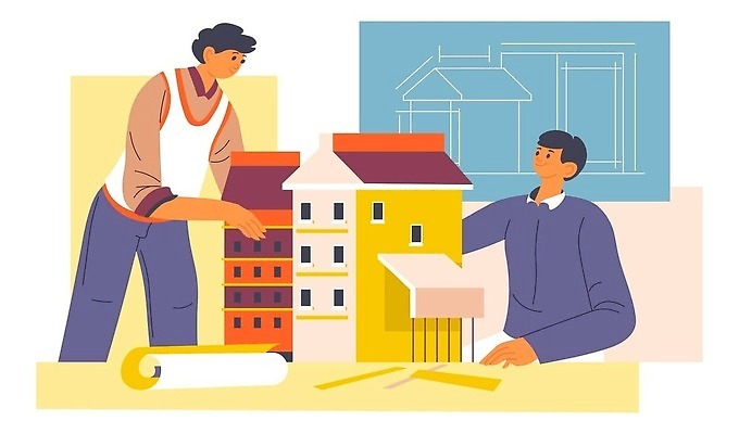 EPS 해외이미지 여자 남자 건축 일러스트 비즈니스 상반신 성인 두명 설계도 건축가 건축모형 성인만 해외202310 해외일러스트 직업 건설업 사람 모형 파일형식 벡터