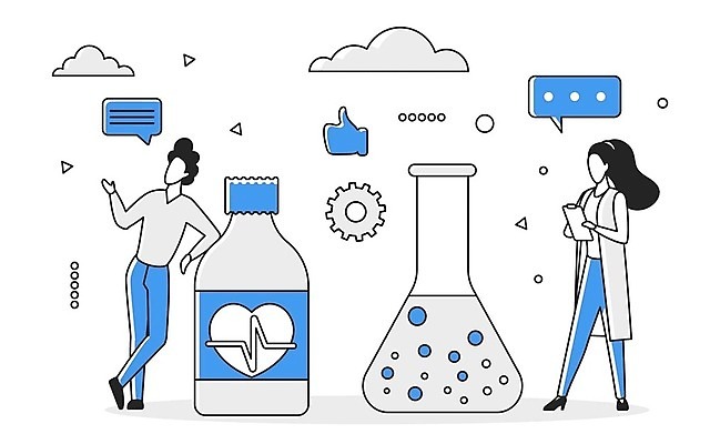 EPS 해외이미지 전신 여자 남자 말풍선 일러스트 비즈니스 성인 두명 파란색 약 디지털 정보 업무 스마트 분석 온라인 경영 데이터베이스 인터페이스 해외202310 해외일러스트 컬러 컨셉 의학 사람 작업 파일형식 벡터