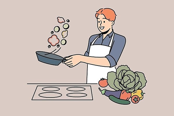 EPS 해외이미지 남자 채소 일러스트 요리 한명 상반신 성인 앞치마 프라이팬 볶음 전기렌지 성인남자한명만 해외202310 해외일러스트 1 음식 주방용품 사람 남자한명만 성인남자만 파일형식 벡터