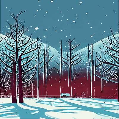EPS 해외이미지 나무 겨울 일러스트 사람없음 건물 파란색 숲 눈내림 눈덮임 해외202310 해외일러스트 식물 건축물 계절 컬러 컨셉 눈_날씨 파일형식 벡터