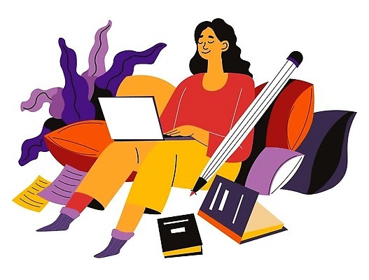 EPS 해외이미지 전신 여자 종이 쿠션 잎 일러스트 비즈니스 한명 앉기 성인 책 노트북 펜 눈감음 성인여자한명만 해외202310 해외일러스트 식물 1 모션 사람 전자제품 필기구 여자한명만 성인여자만 파일형식 벡터