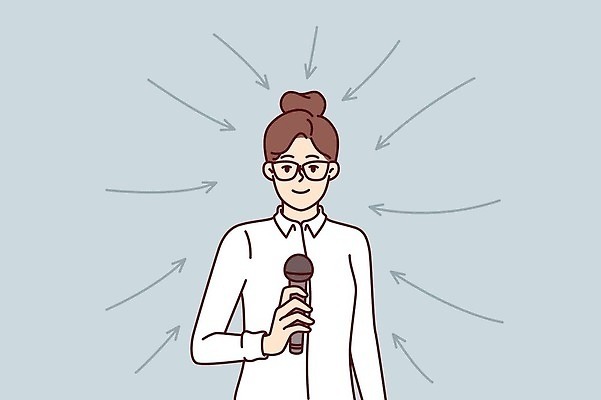 EPS 해외이미지 무료이미지 여자 화살표 일러스트 한명 들기 성인 비즈니스우먼 집중 마이크 안경낌 해외202310 해외일러스트 1 안경 음향기기 컨셉 비즈니스 모션 사람 직장인 파일형식 벡터 무료콘텐츠