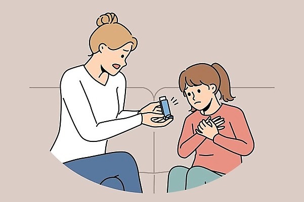 EPS 해외이미지 무료이미지 여자 딸 어린이 일러스트 엄마 들기 앉기 소녀 성인 두명 소파 기침 천식 치료제 여자만 천식흡입기 해외202310 해외일러스트 의자 가족 모션 사람 약 의학용품 질병 파일형식 벡터 무료콘텐츠