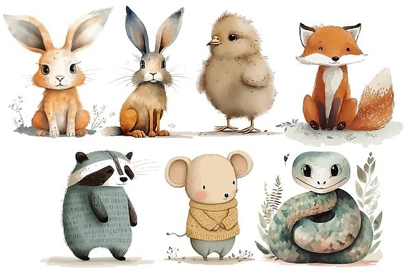 EPS 해외이미지 클립아트 동물 캐릭터 꽃 일러스트 조류 수채화 세트 아기 토끼 뱀 쥐 만화 수집 여우 손그림 두더지 삼림지대 벡터 해외202310 해외일러스트 일러캐릭터 식물 포유류 파충류 사람 반려동물 설치류 숲 파일형식