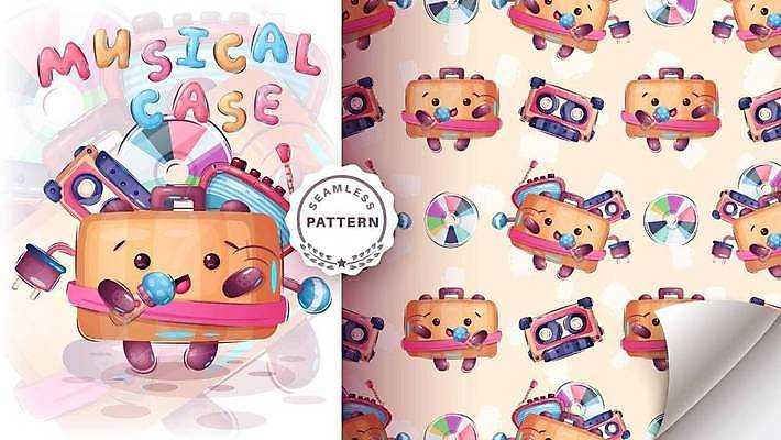 EPS 해외이미지 캐릭터 여행 패턴 일러스트 사람없음 귀여움 CD 카세트테이프 콘센트 해외202310 해외일러스트 일러캐릭터 컨셉 무늬 파일형식 벡터