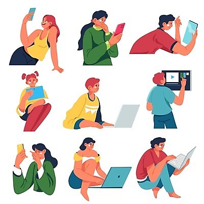 EPS 해외이미지 응시 여자 남자 일러스트 들기 성인 노트북 스마트폰 태블릿 스크린 타이핑 스마트 성인만 해외202310 해외일러스트 시선 컨셉 모션 사람 전자제품 핸드폰 스마트기기 파일형식 벡터