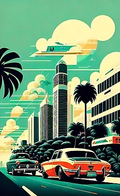 JPG 해외이미지 포스터 도로 여행 일러스트 자동차 사람없음 건물 야자수 태양 도시 빈티지 복고 마이애미 해외202310 해외일러스트 자연요소 나무 건축물 길 육상교통 컨셉 교통시설 파일형식