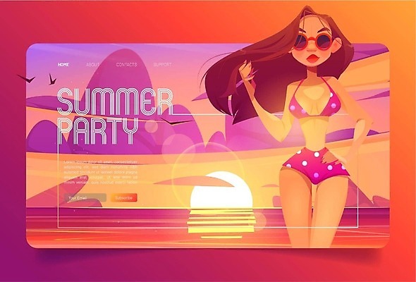 EPS 해외이미지 여자 일러스트 한명 상반신 성인 해변 비키니 선글라스 일출 만화 그라데이션 성인여자한명만 해외202310 해외일러스트 1 수영복 안경 바다 사람 노을 여자한명만 성인여자만 파일형식 벡터