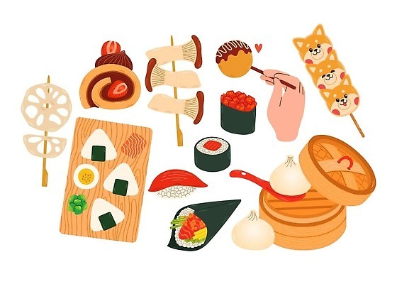 EPS 해외이미지 손 일러스트 신체부위 세트 초밥 꼬치 김초밥 롤케이크 타코야키 당고 엘리먼트 오니기리 일본음식 교자만두 해외202310 해외일러스트 음식 사람 케이크 만두 파일형식 벡터