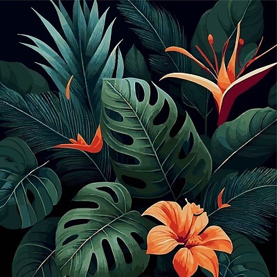 EPS 해외이미지 일러스트 검은배경 사람없음 야자수잎 몬스테라 열대꽃 열대잎 트로피컬아트 해외202310 해외일러스트 식물 꽃 백그라운드 잎 검은색 그림 파일형식 벡터