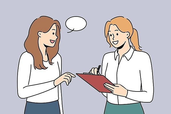 EPS 해외이미지 여자 남자 말풍선 와이셔츠 일러스트 비즈니스 성인 두명 펜 기록 서류판 성인만 해외202310 해외일러스트 셔츠 사람 필기구 사무용품 파일형식 벡터