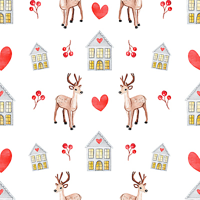 JPG 해외이미지 열매 크리스마스 패턴 일러스트 사슴 주택 사람없음 하트 손그림 순록 해외202310 해외일러스트 모양 식물 기념일 무늬 포유류 건물 파일형식