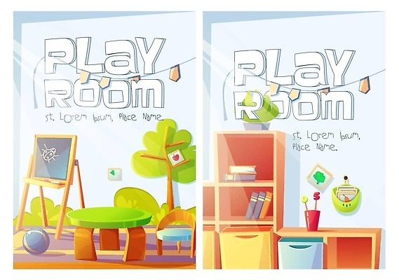 EPS 해외이미지 무료이미지 일러스트 놀이 탁자 책장 사람없음 칠판 유치원 놀이방 가랜드 놀이집 해외202310 해외일러스트 교육 가구 파티용품 파일형식 벡터