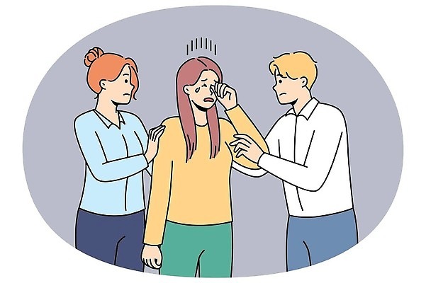 EPS 해외이미지 여자 남자 일러스트 정장 상반신 성인 세명 비즈니스맨 비즈니스우먼 눈물 위로 우울감 성인만 해외202310 해외일러스트 옷 감정 비즈니스 사람 직장인 파일형식 벡터