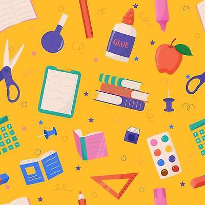 EPS 해외이미지 일러스트 자 사람없음 책 노란색 물감 계산기 패턴백그라운드 압정 사과 플라스크 교과서 형광펜 서류판 접착풀 해외202309 해외202310 해외일러스트 컬러 백그라운드 패턴 과일 문구용품 교재 실험기구 펜 사무용품 미술도구 장비 풀_접착제 파일형식 벡터