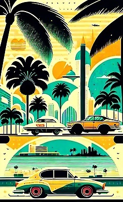JPG 해외이미지 포스터 도로 여행 일러스트 자동차 사람없음 건물 야자수 태양 도시 빈티지 복고 마이애미 해외202310 해외일러스트 자연요소 나무 건축물 길 육상교통 컨셉 교통시설 파일형식