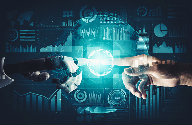 포토 해외이미지 손 비즈니스 그래프 미래 신체부위 파란색 지구본 스크린 기계 터치 가리킴 로봇 AI_인공지능 해외202310 해외포토 AI파일 컬러 컨셉 사람 손짓 파일형식 벡터