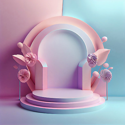 포토 JPG 해외이미지 꽃 분홍색 하늘색 백그라운드 사람없음 3D 광택 단상 파스텔톤 포디움 해외202310 해외포토 식물 컬러 파란색 무대 디지털합성 파일형식