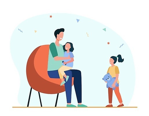 EPS 해외이미지 여자 남자 어린이 의자 일러스트 가족 안기 함께함 들기 앉기 성인 세명 곰인형 꽃가루 해외202310 해외일러스트 인형 가구 컨셉 관계 모션 사람 가루 파일형식 벡터