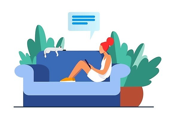 EPS 해외이미지 여자 화분 화초 말풍선 일러스트 휴식 한명 앉기 성인 스마트폰 소파 고양이 성인여자한명만 해외202310 해외일러스트 식물 1 컨셉 의자 포유류 모션 사람 핸드폰 스마트기기 반려동물 여자한명만 성인여자만 파일형식 벡터