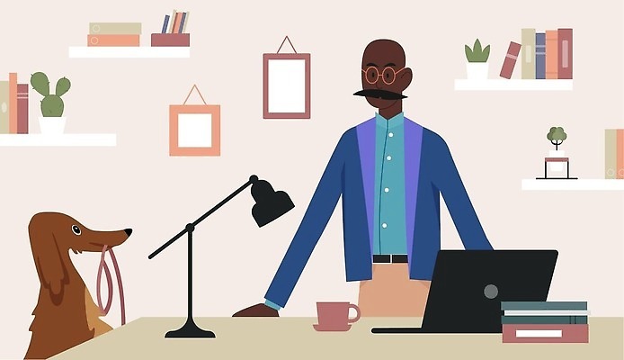 EPS 해외이미지 남자 반려견 흑인 일러스트 한명 상반신 성인 사무실 비즈니스맨 강아지 목줄 성인남자한명만 해외202310 해외일러스트 서양인 1 비즈니스 사람 반려동물 직장인 개 남자한명만 성인남자만 파일형식 벡터 반려용품