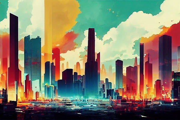 JPG 해외이미지 일러스트 하늘 빌딩 사람없음 컬러풀 도시 분위기 해외202310 해외일러스트 컬러 컨셉 건물 파일형식