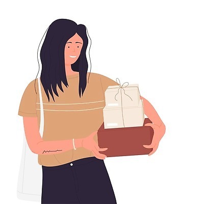 EPS 해외이미지 여자 일러스트 한명 웃음 들기 상반신 성인 선물상자 서비스 에코백 성인여자한명만 해외202310 해외일러스트 1 가방 모션 표정 선물 사람 상자 에코 여자한명만 성인여자만 파일형식 벡터
