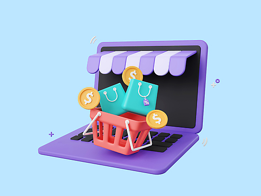 포토 JPG 해외이미지 무료이미지 휴식 사람없음 파란색 노트북 쇼핑 쇼핑백 3D 동전 장바구니 온라인쇼핑 해외202310 해외포토 컬러 컨셉 돈 가방 전자제품 바구니 디지털합성 온라인 파일형식