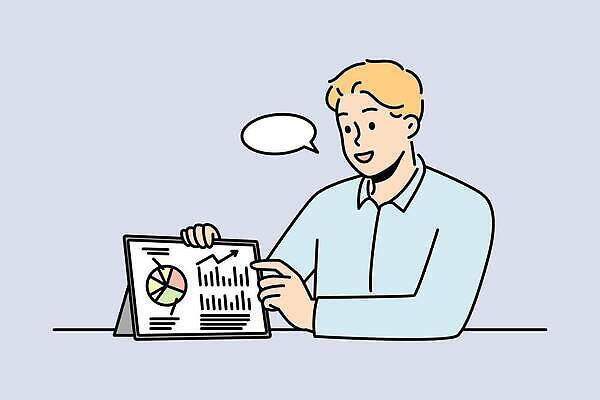 EPS 해외이미지 남자 화살표 말풍선 와이셔츠 일러스트 비즈니스 그래프 한명 성인 태블릿 성인남자한명만 해외202310 해외일러스트 1 셔츠 사람 전자제품 스마트기기 남자한명만 성인남자만 파일형식 벡터