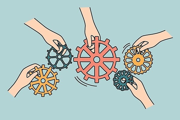 EPS 해외이미지 손 일러스트 비즈니스 들기 신체부위 톱니바퀴 회전 해외202310 해외일러스트 모션 사람 파일형식 벡터