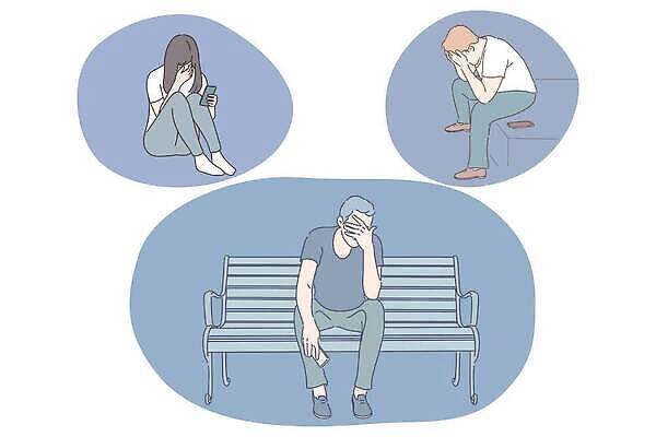 EPS 해외이미지 전신 여자 남자 벤치 일러스트 앉기 성인 세명 웅크림 얼굴가리기 우울감 우울증 성인만 해외202310 해외일러스트 감정 의자 모션 사람 가림 질병 파일형식 벡터