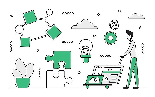 EPS 해외이미지 전신 남자 화분 일러스트 비즈니스 전구 한명 성인 초록색 자료 수레 운반 톱니바퀴 퍼즐조각 수레끌기 성인남자한명만 해외202310 해외일러스트 1 컬러 조각 사람 카트 퍼즐 당기기 남자한명만 성인남자만 파일형식 벡터