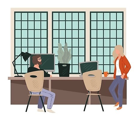 EPS 해외이미지 전신 식물 여자 남자 화분 일러스트 비즈니스 창문 앉기 성인 두명 노트북 모니터 머그컵 스탠드 주머니손 성인만 해외202310 해외일러스트 모션 조명 사람 컵 전자제품 컴퓨터 파일형식 벡터