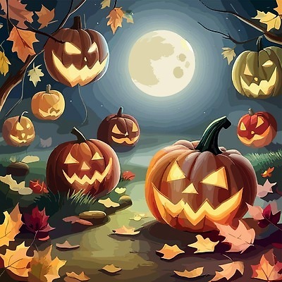 EPS 해외이미지 길 낙엽 일러스트 호박 단풍나무 사람없음 판타지 할로윈 보름달 야간 달빛 잭오랜턴 해외202310 해외일러스트 자연요소 나무 단풍 잎 채소 상상 달 파일형식 벡터
