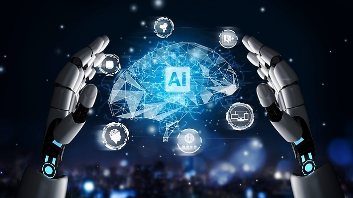 JPG 해외이미지 손 일러스트 미래 기술 신체부위 파란색 3D 디지털 도시 네트워크 로봇 뇌 보케 AI_인공지능 해외202310 해외포토 포토 컬러 컨셉 사람 디지털합성 파일형식