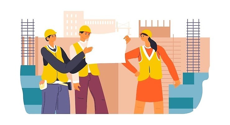 EPS 해외이미지 여자 남자 일러스트 비즈니스 노동자 들기 상반신 성인 세명 건설현장 설계도 안전모 안전조끼 성인만 해외202310 해외일러스트 직업 모션 건설업 사람 헬멧 안전장비 파일형식 벡터