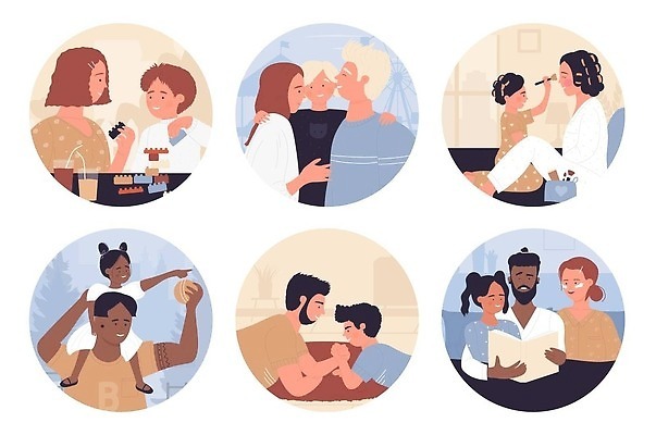 EPS 해외이미지 무료이미지 여자 남자 딸 행복 아들 어린이 일러스트 가족 안기 포옹 엄마 함께함 사랑 여러명 독서 화장 아기 목말 아빠 먹기 팔씨름 해외202310 해외일러스트 감정 다수 컨셉 관계 모션 놀이 사람 뷰티 파일형식 벡터 무료콘텐츠