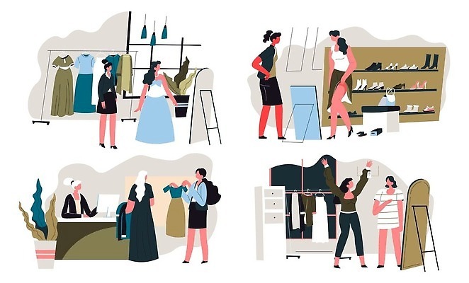 EPS 해외이미지 드레스 여자 구두 신발 일러스트 들기 여러명 성인 상점 계산 선택 종업원 계산대 고객 직원 진열장 전신거울 부티크 성인여자만 해외202310 해외일러스트 직업 옷 다수 컨셉 모션 사람 거울 여자만 성인만 파일형식 벡터