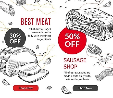 EPS 해외이미지 배너 일러스트 육류 사람없음 세트 상점 흰색 상품 심볼 손그림 마케팅 해외202310 해외일러스트 컬러 식재료 파일형식 벡터