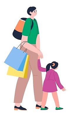 EPS 해외이미지 여자 남자 딸 어린이 일러스트 가족 함께함 들기 성인 두명 쇼핑 쇼핑백 아빠 해외202310 해외일러스트 컨셉 가방 관계 모션 사람 파일형식 벡터