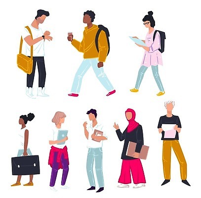 EPS 해외이미지 전신 여자 교육 남자 서류가방 일러스트 들기 여러명 성인 책 걷기 커피잔 백팩 엘리먼트 성인만 해외202310 해외일러스트 커피 다수 가방 모션 잔 사람 파일형식 벡터
