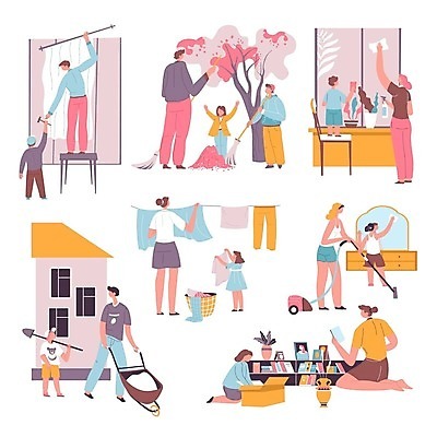EPS 해외이미지 전신 나무 여자 남자 어린이 분홍색 일러스트 창문 책장 소년 여러명 성인 책 깨끗함 화목 흙 거울 커튼 빨래 빗자루 청소 삽 청소기 해외202310 해외일러스트 식물 컬러 가구 다수 컨셉 가사 사람 전자제품 청소도구 파일형식 벡터